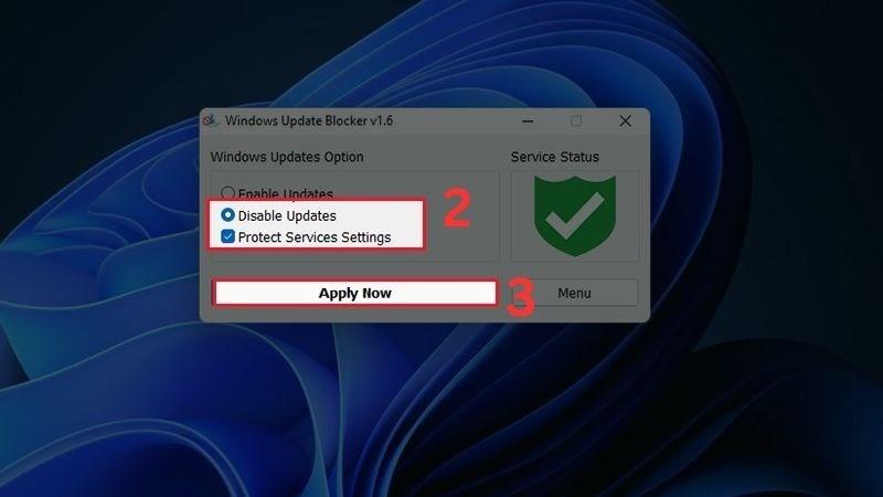 Chọn Disable Update v&agrave; nhấp Apply Now