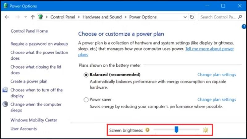 Điều chỉnh độ sáng trên thanh trượt Screen Brightness