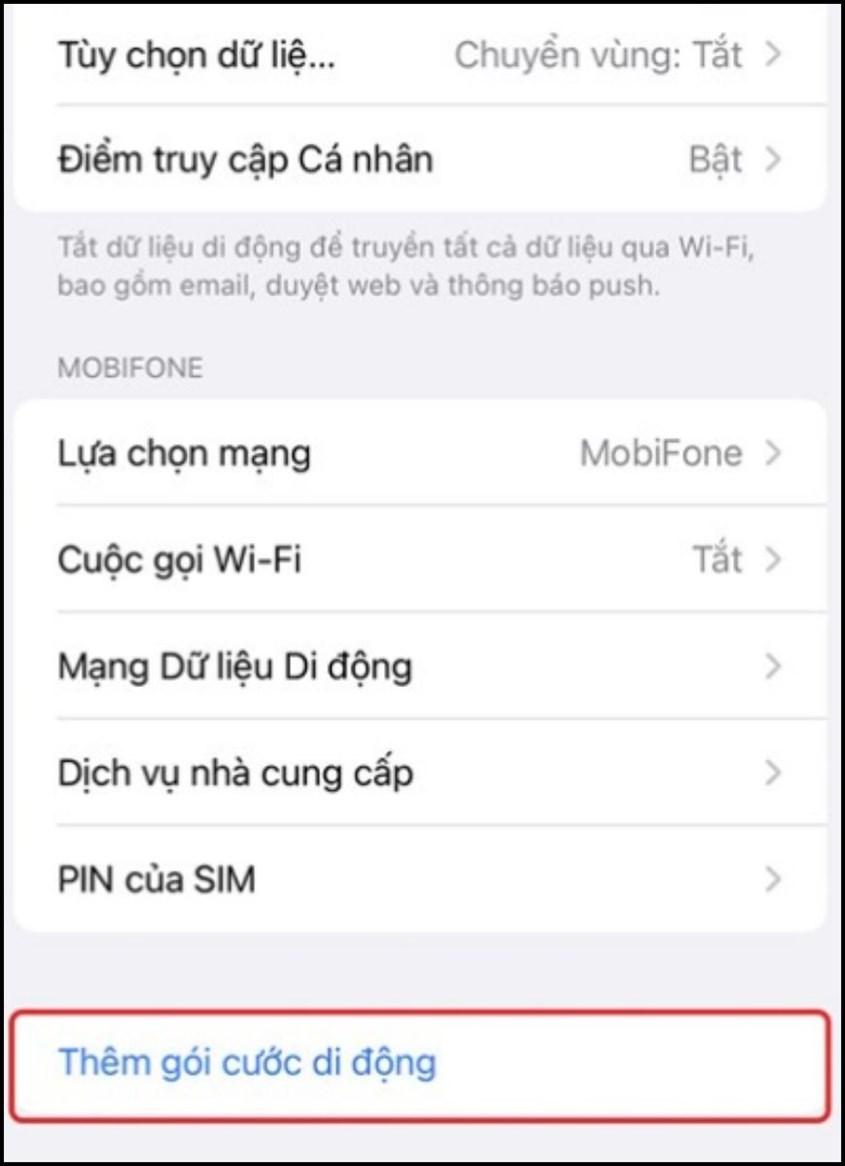 Nhấn chọn Thêm gói cước di động (Add Cellular Plan)