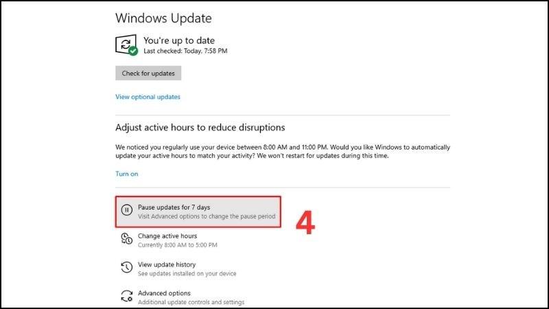 Nhấn v&agrave;o Pause updates for 7 days
