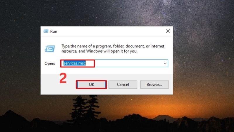 Nhập c&acirc;u lệnh services.msc rồi chọn OK
