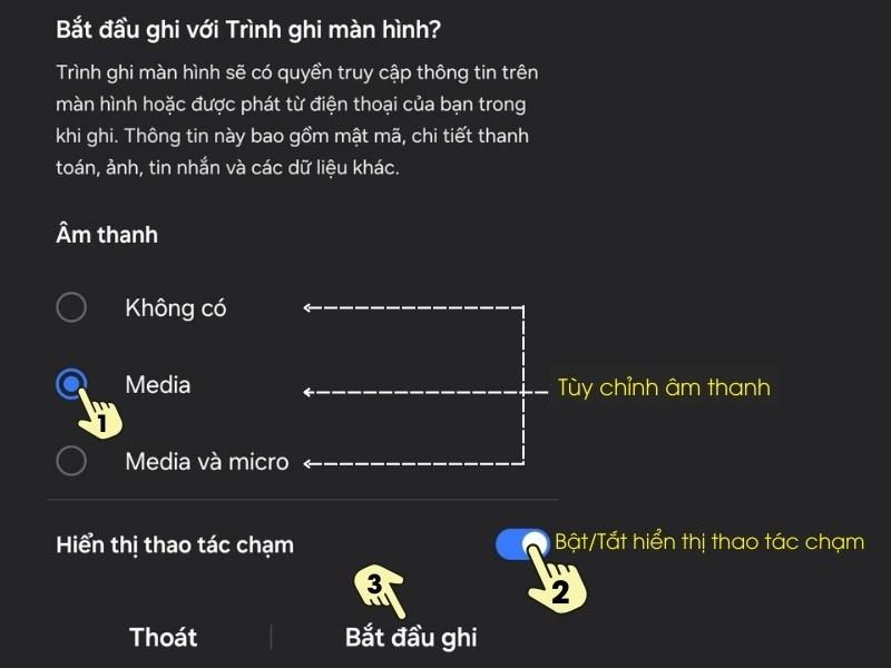 Thiết lập &acirc;m thanh, hiển thị > Bắt đầu quay m&agrave;n h&igrave;nh