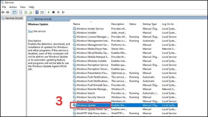 Trong cửa sổ Services, chọn mục Windows Update ở ph&iacute;a b&ecirc;n phải