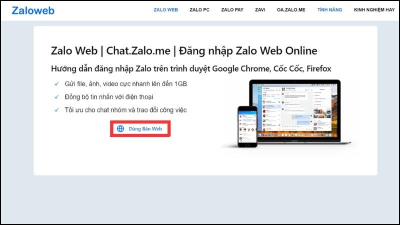 Truy cập v&agrave;o trang chủ của Zalo Web