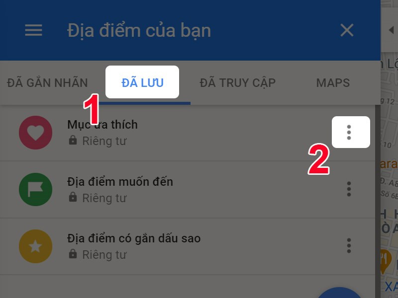 alt: Chọn tab "Đã lưu" để xem danh sách địa điểm đã lưu