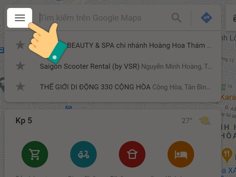 alt: Mở menu Google Maps bằng cách click vào biểu tượng ba gạch ngang