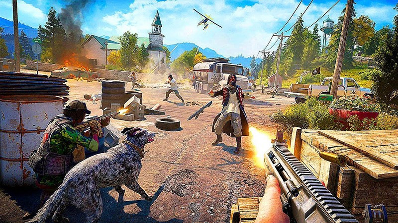 Alt text: Cảnh giao tranh khốc liệt trong Far Cry 5, người chơi sử dụng súng trường tấn công kẻ địch.