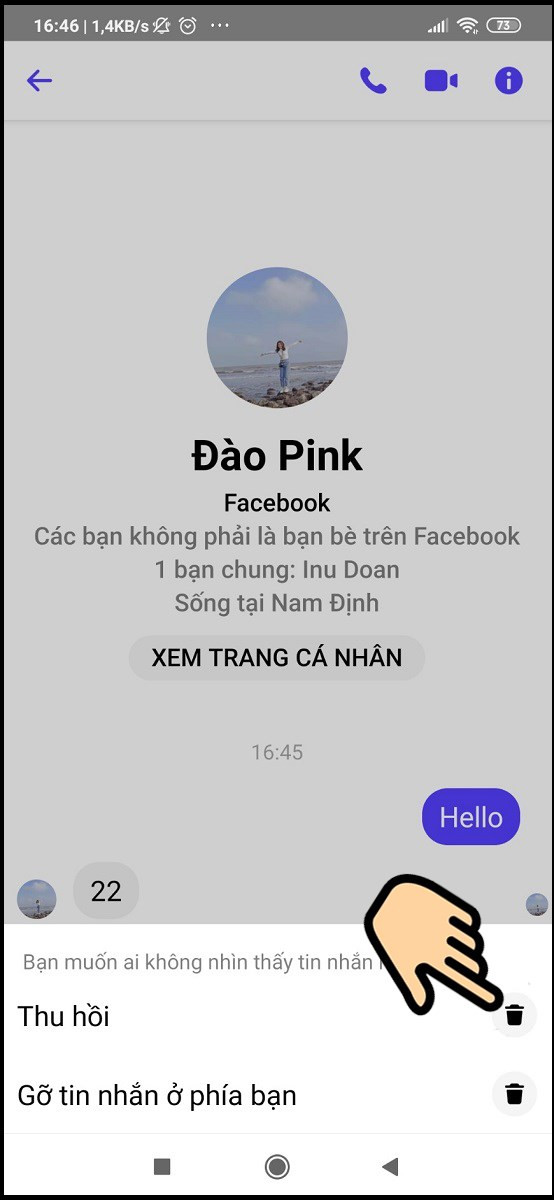 alt text: Chọn biểu tượng thùng rác để xóa tin nhắn