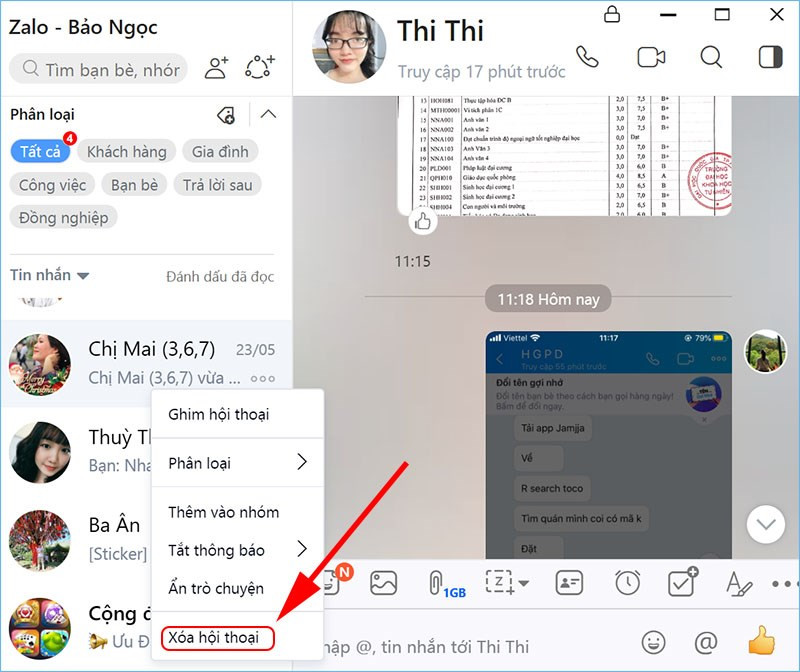 alt text: Chọn xóa đoạn hội thoại trên ứng dụng Zalo PC