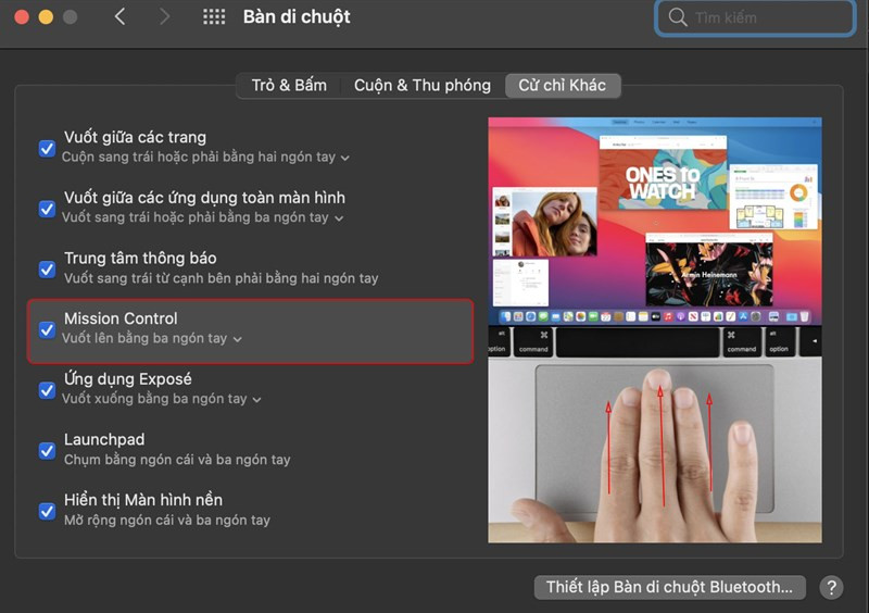 alt text: Minh họa thao tác mở Mission Control trên Trackpad