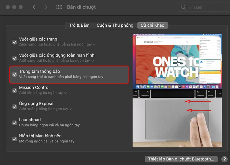 alt text: Minh họa thao tác mở Trung tâm Thông báo trên Trackpad