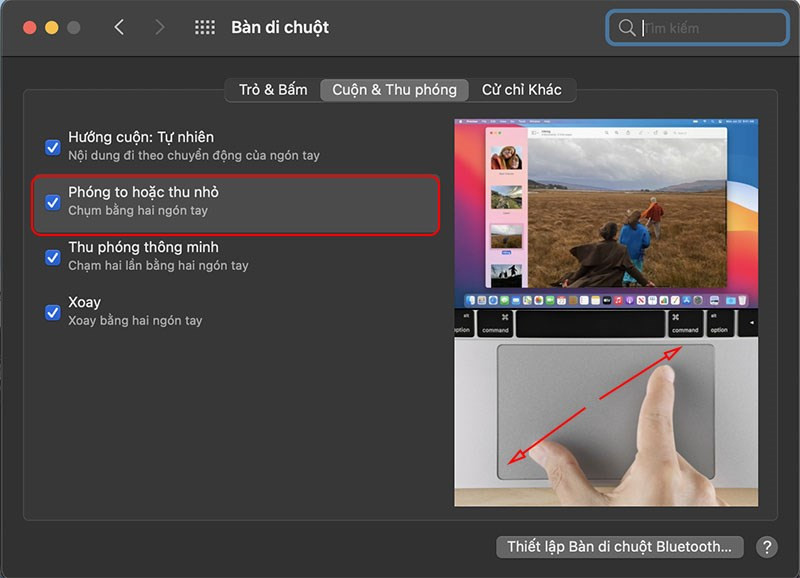 alt text: Minh họa thao tác phóng to/thu nhỏ trên Trackpad