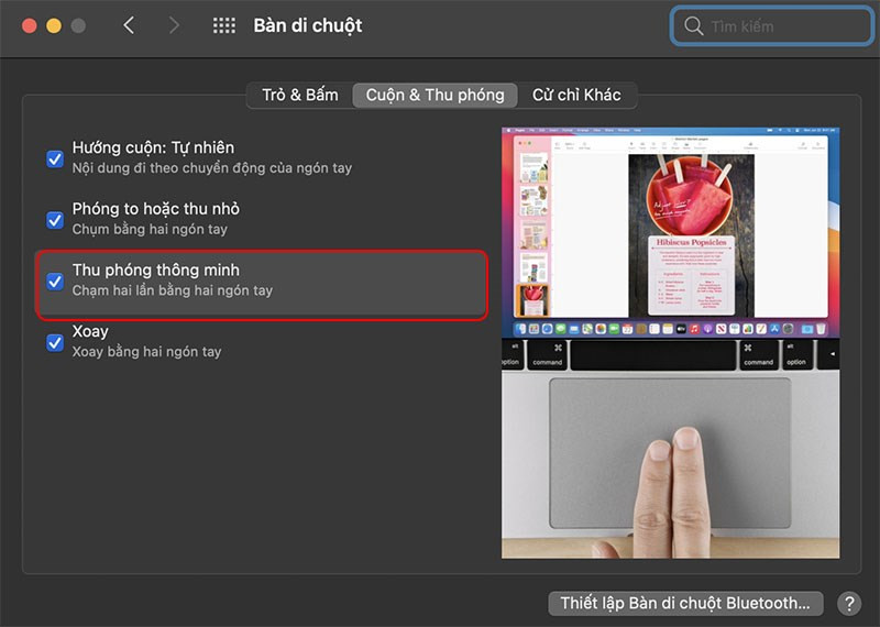 alt text: Minh họa thao tác Smart Zoom trên Trackpad