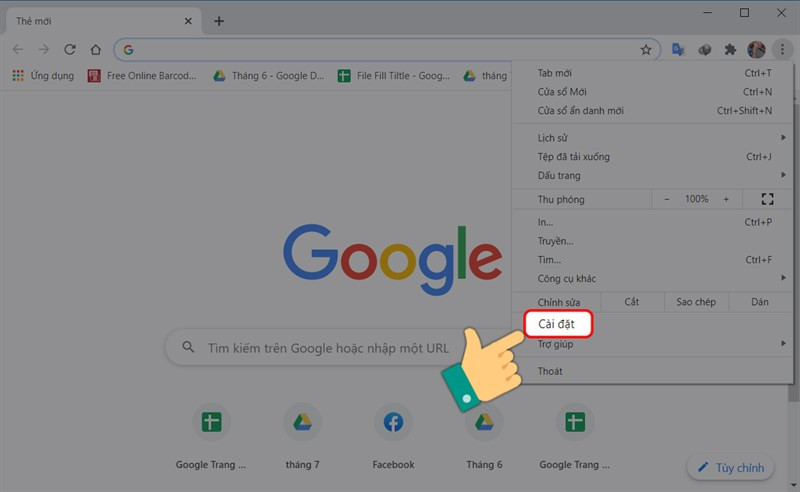 alt text: Mở cài đặt trên trình duyệt Chrome