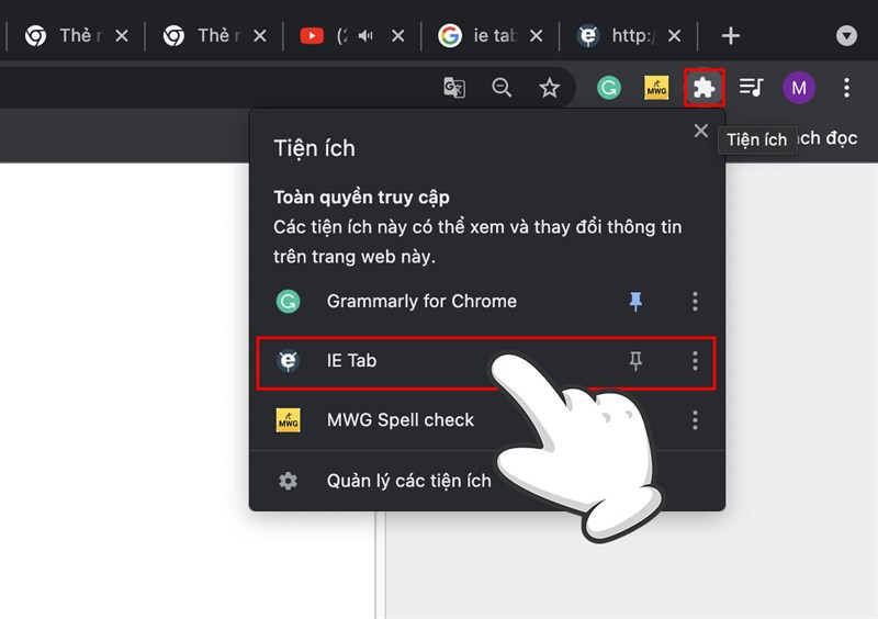 alt text: Mở tiện ích IE Tab