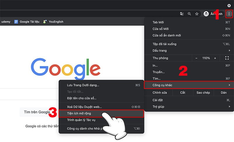 alt text: Mở tiện ích mở rộng trên Google Chrome