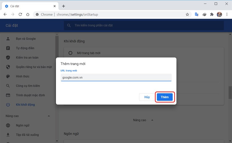 alt text: Nhập địa chỉ trang web Google và nhấn nút Thêm để lưu lại