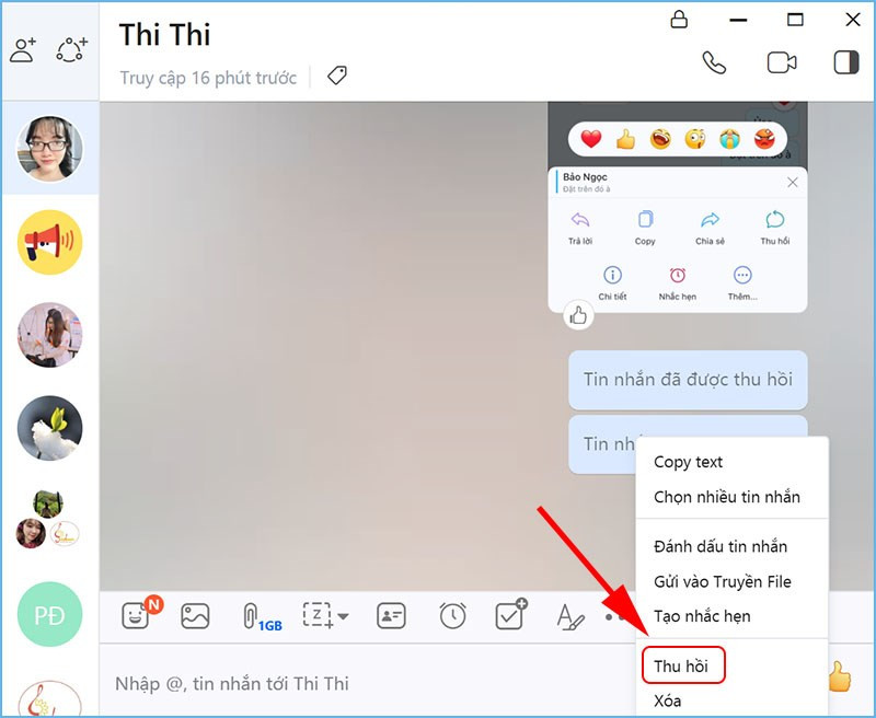 alt text: Tính năng thu hồi trên ứng dụng Zalo