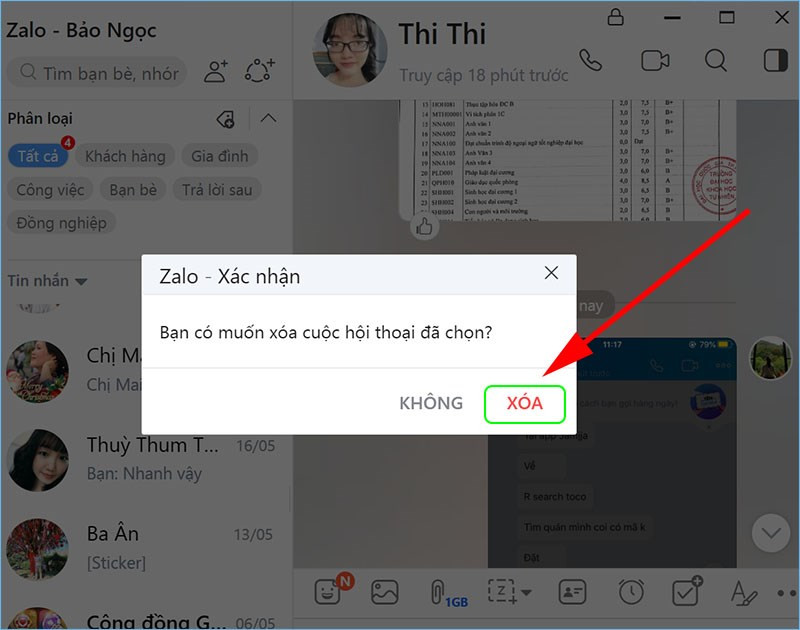 alt text: Xác nhận xóa đoạn hội thoại trên ứng dụng Zalo PC