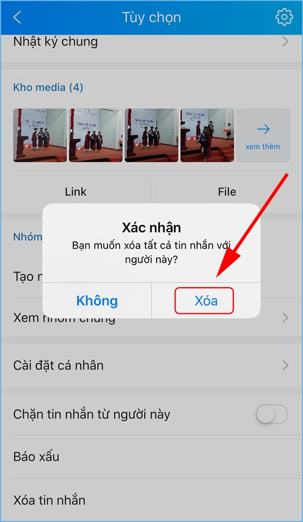 alt text: Xác nhận xóa đoạn hội thoại trong ứng dụng Zalo