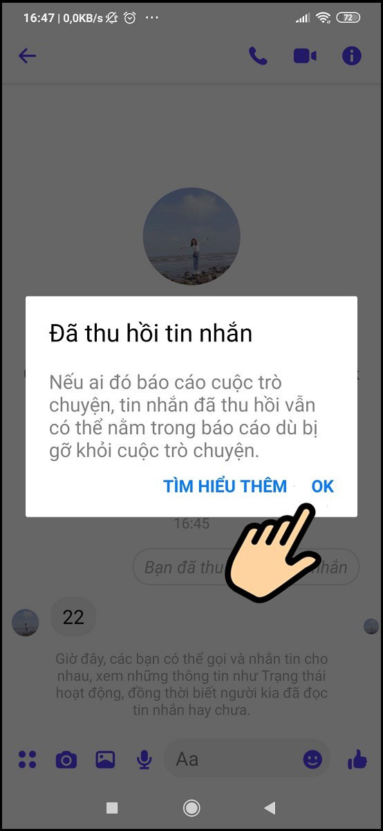 alt text: Xác nhận xóa tin nhắn bằng cách nhấn OK