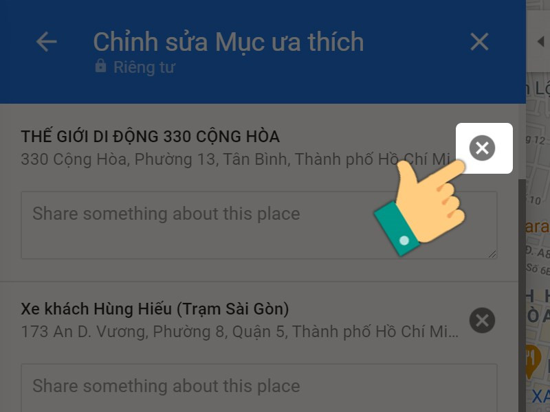 alt: Xóa địa điểm bằng cách click vào dấu "X"