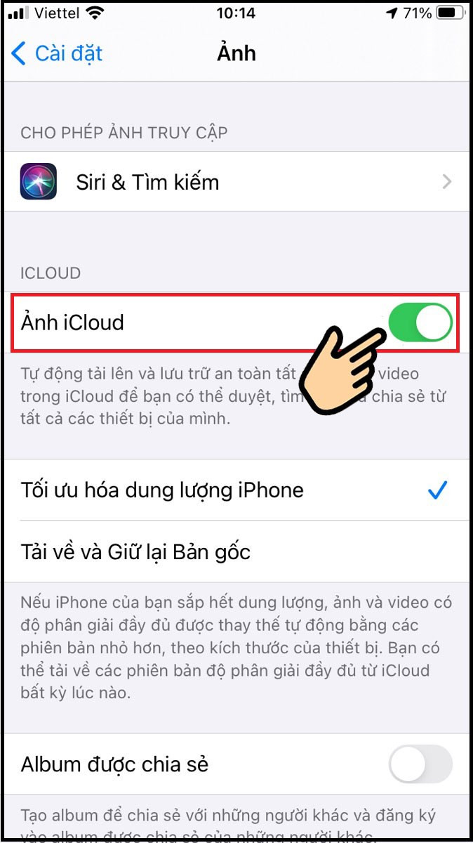 Bật Ảnh iCloud bằng cách gạt sang ngang là toàn bộ ảnh và video