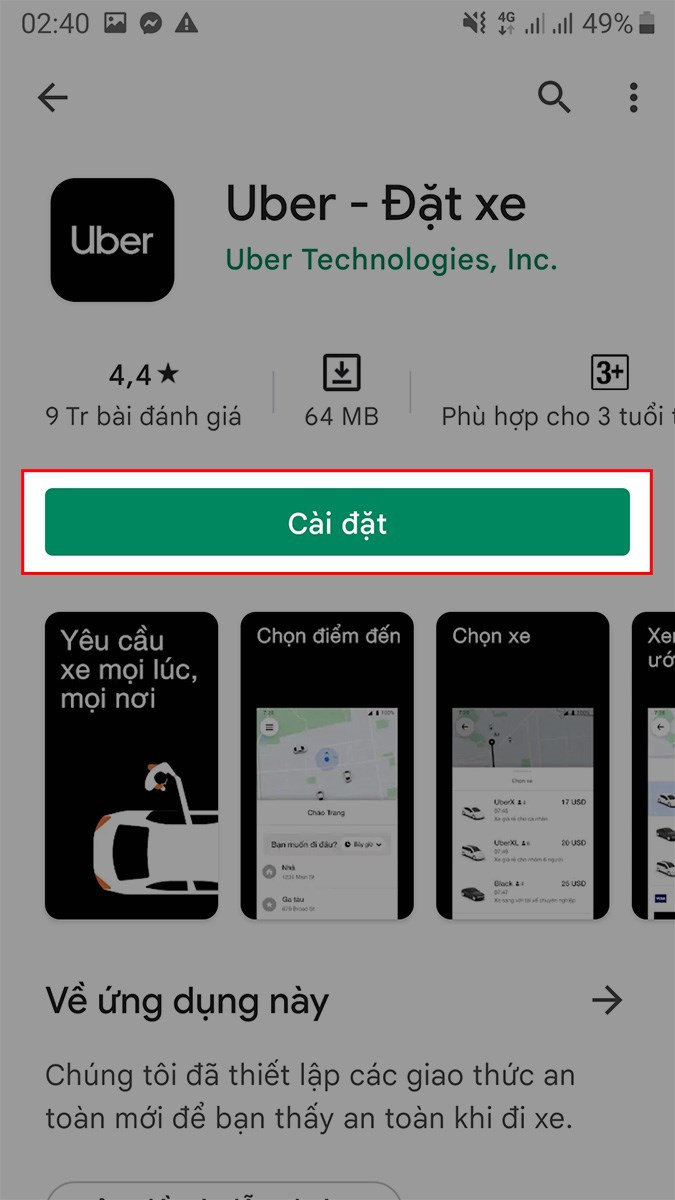 Cài đặt Uber trên CH Play