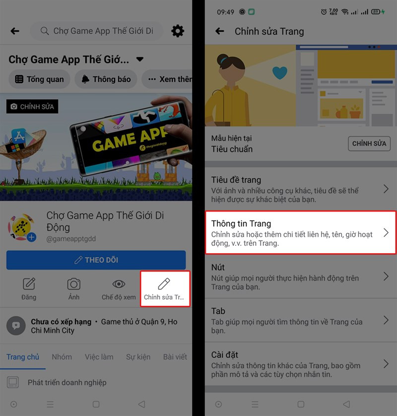 Chỉnh sửa thông tin Trang