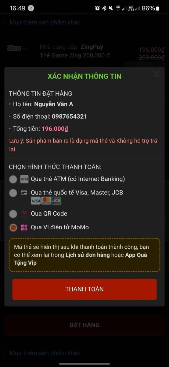 Chọn phương thức thanh toán