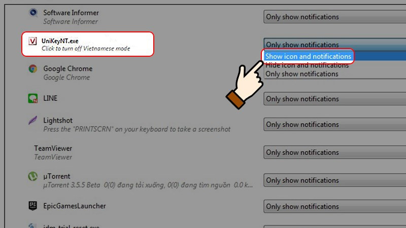 Chọn Show icon and notifications