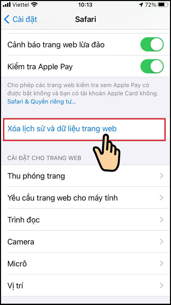 Chọn Xóa lịch sử và dữ liệu trang web