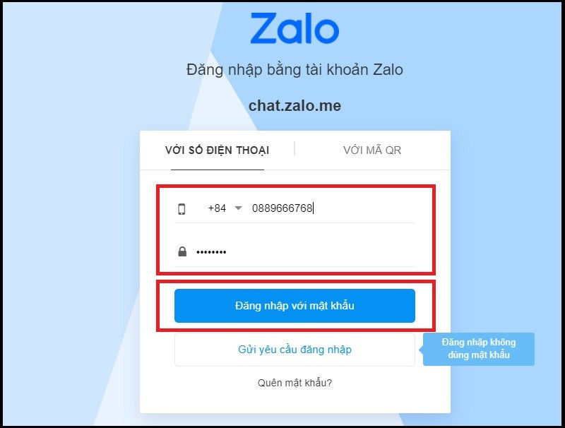 Điền th&ocirc;ng tin đăng nhập tr&ecirc;n Zalo web