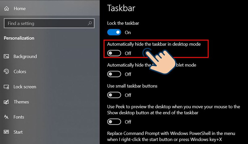 Gạt công tắc Automatically hide the taskbar in desktop mode sang Off.