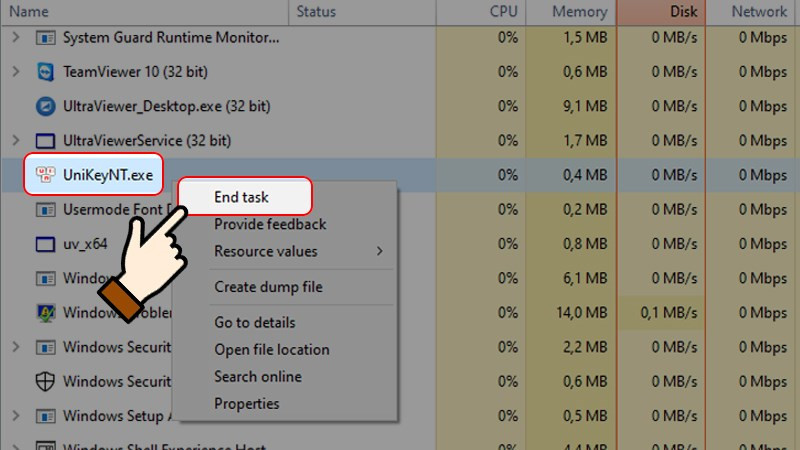 Kết thúc tiến trình UnikeyNT.exe