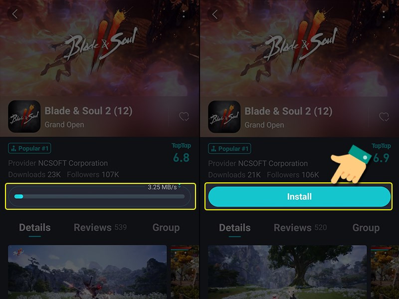 Nhấn cài đặt Blade & Soul 2