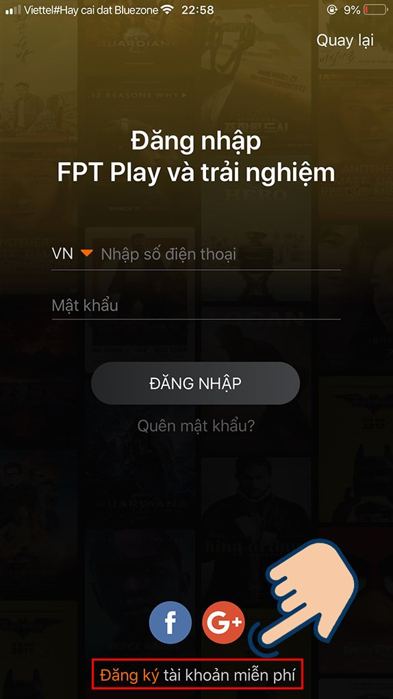 Nhấn đăng ký trên FPT Play