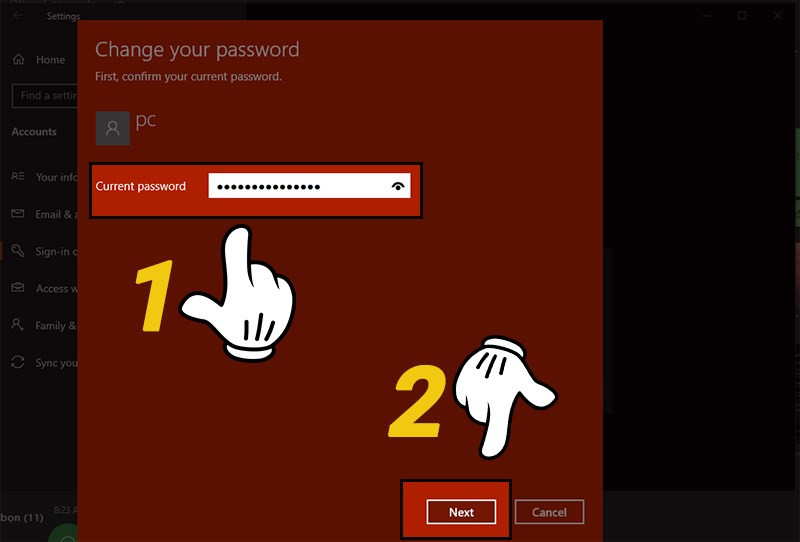 Nhập mật khẩu cũ, chọn Next