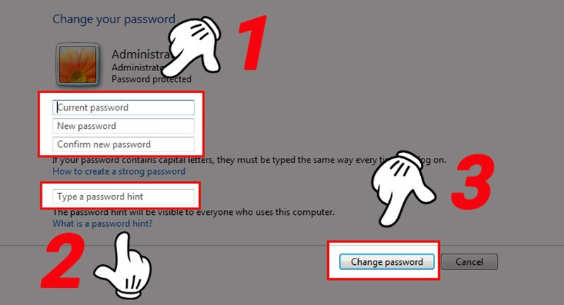 Nhập mật khẩu và chọn Change password