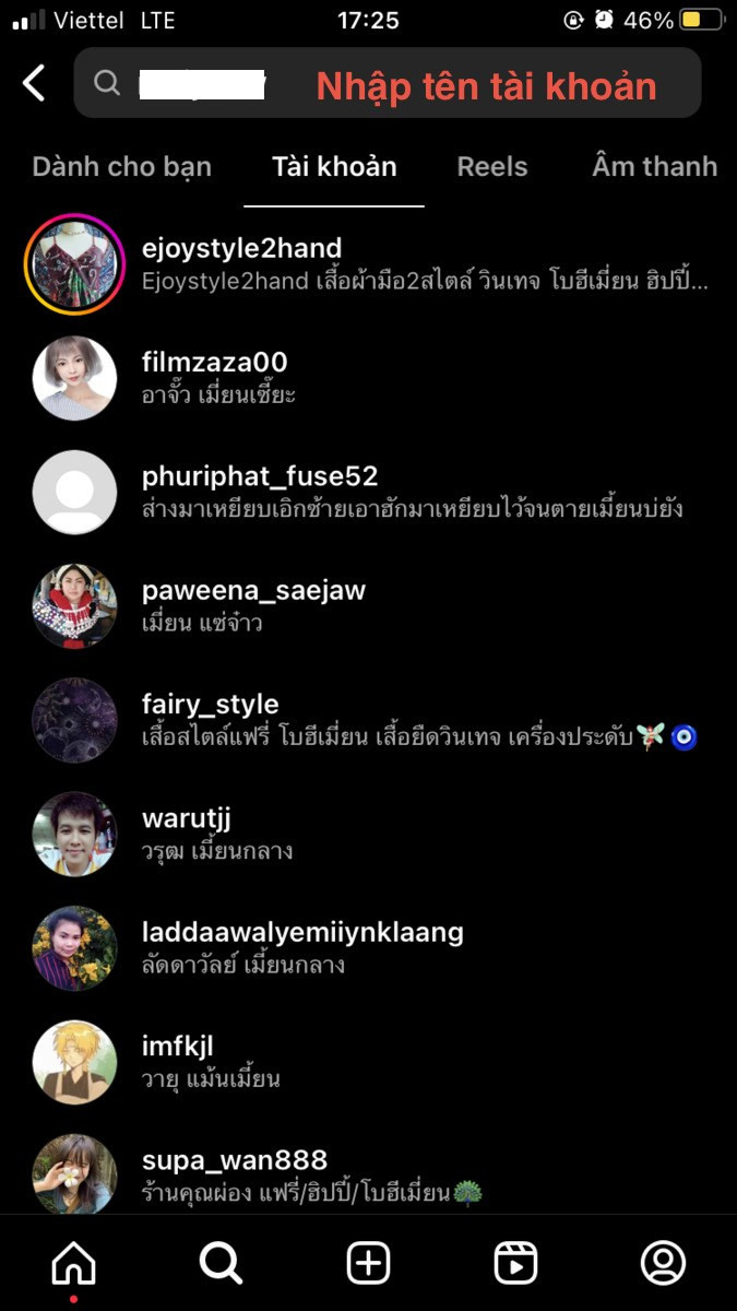 Nhập tên tài khoản Instagram để tìm kiếm