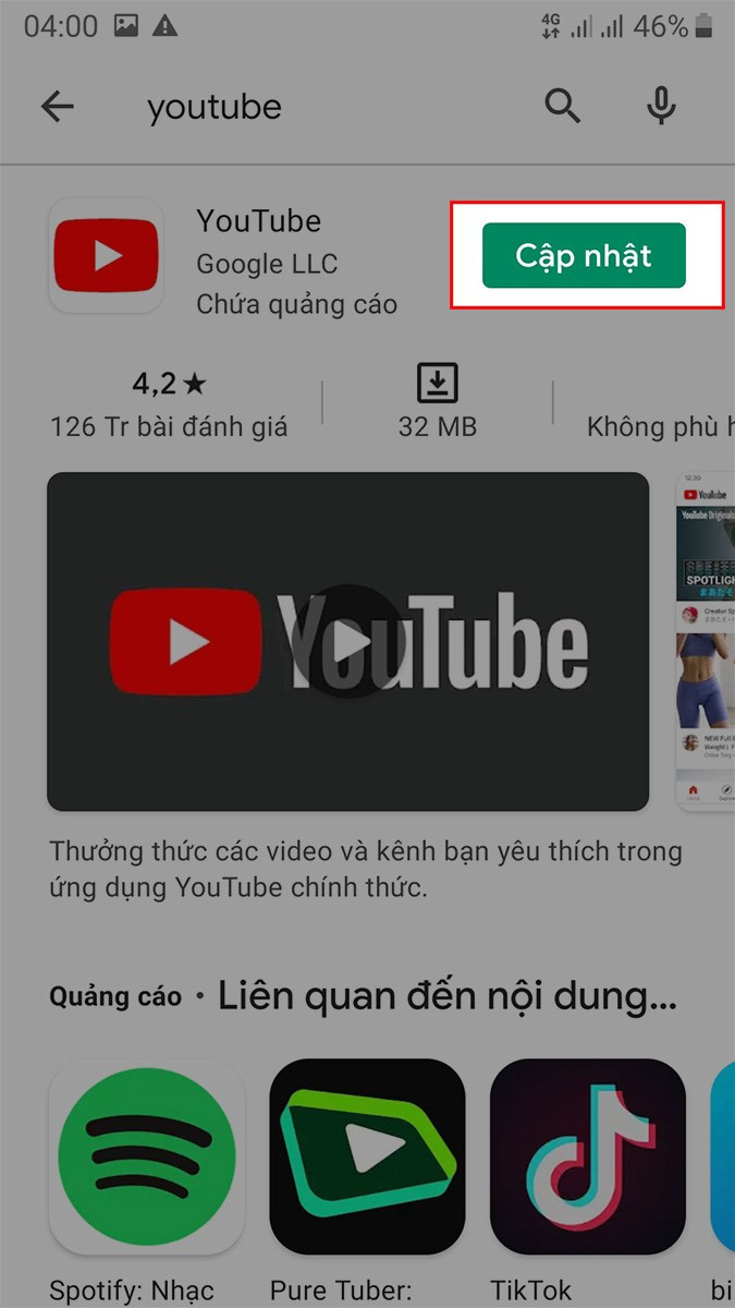 Nhập YouTube và chọn Cập nhật