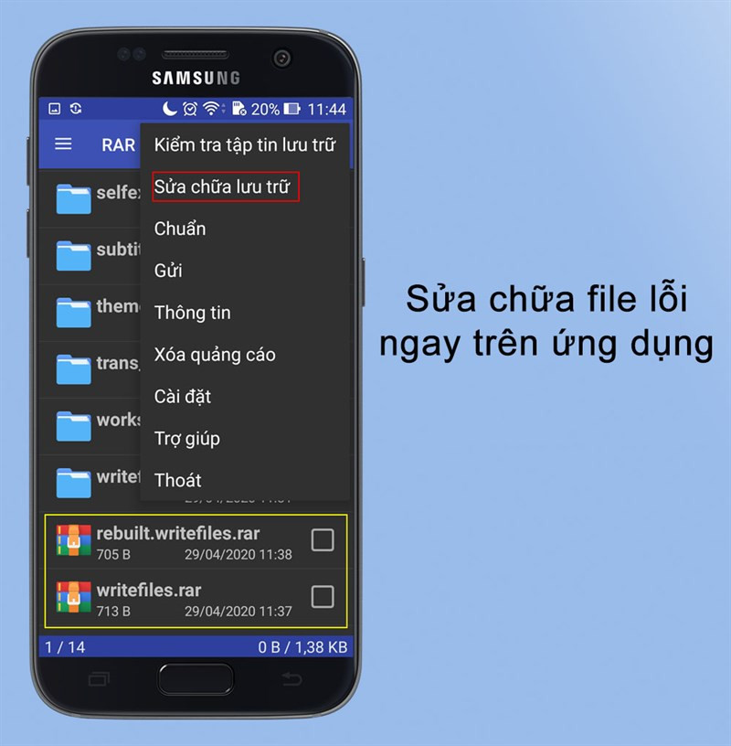 Sửa file lỗi dễ d&agrave;ng tr&ecirc;n ứng dụng RAR- Tr&igrave;nh tạo file n&eacute;n, giải n&eacute;n cho Android