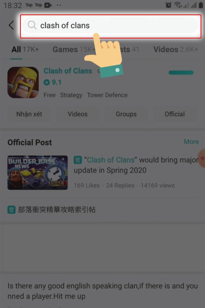 Tại thanh tìm kiếm nhập tên game Clash of Clans