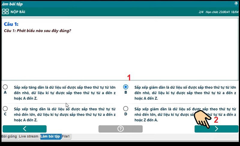 Tham gia làm bài bằng câu hỏi trắc nghiệm, tích chọn đáp án và ấn mũi tiếp để sang câu tiếp theo