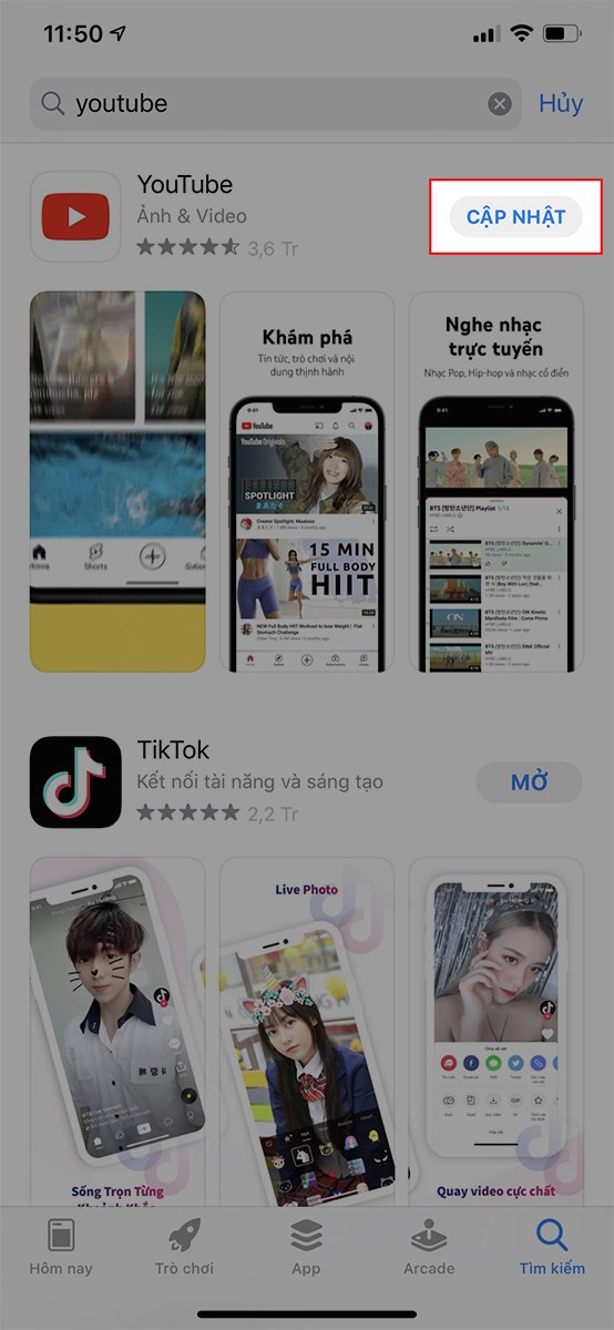 Tìm kiếm và cập nhật YouTube trên App Store