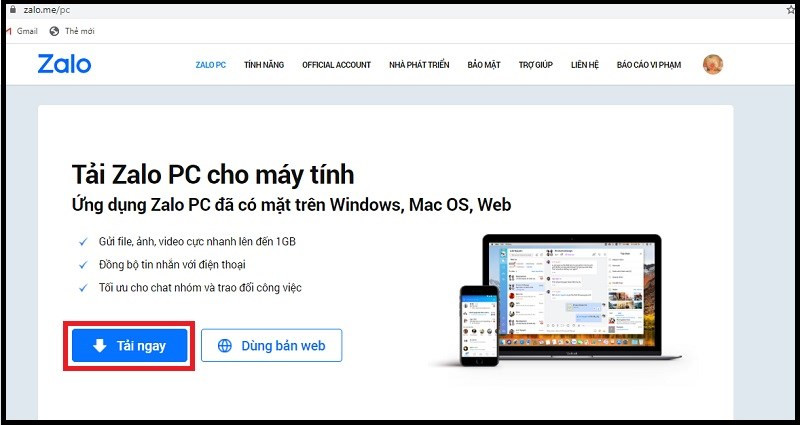 Truy cập trang tải phần mềm Zalo