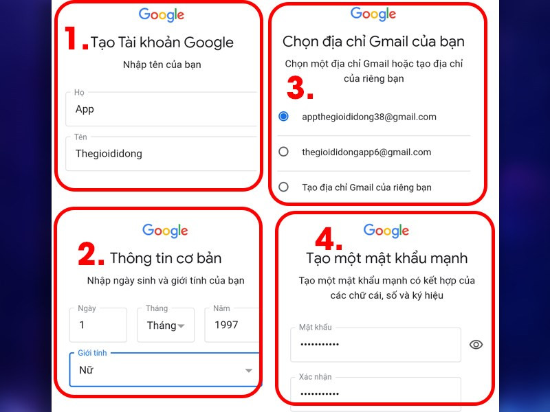 Alt: Điền thông tin cá nhân khi đăng ký Gmail