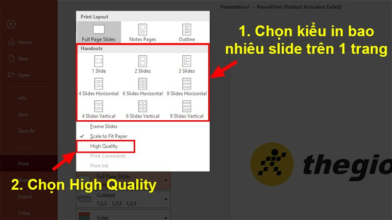 Alt: Giao diện in PowerPoint với các tùy chọn in nhiều slide trên một trang giấy