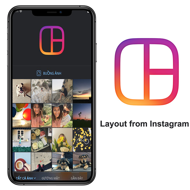 alt: Giao diện ứng dụng Layout from Instagram với các tùy chọn ghép ảnh.