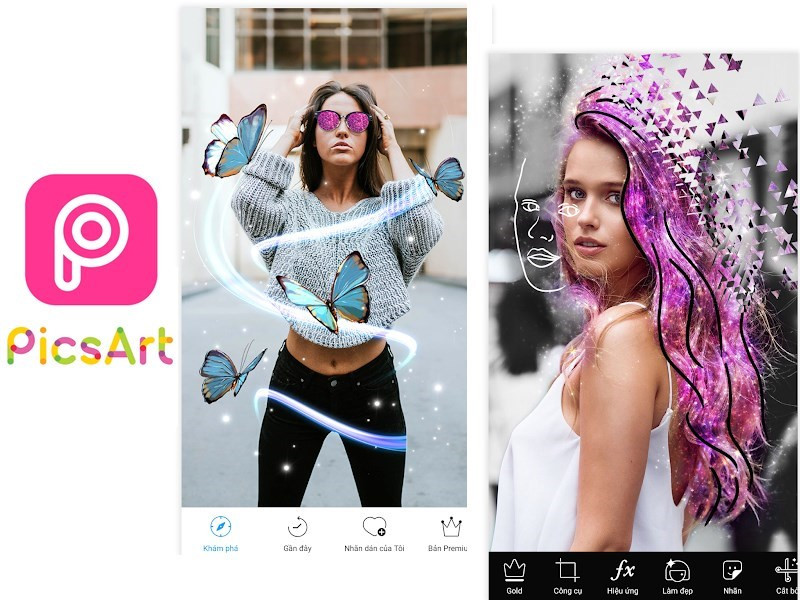 alt: Giao diện ứng dụng Picsart với các công cụ chỉnh sửa ảnh.